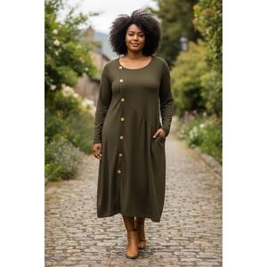 Emery Rose Midi Dress 1X Olive Green Textured Buttons Gremlincore Lagenlook Mori